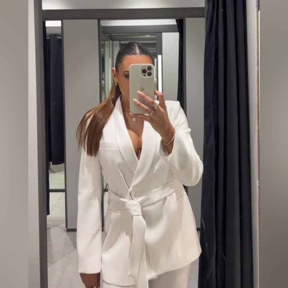 Zara Blazer White Tie Waist Belt Tailored Tuxedo Suit Jacket